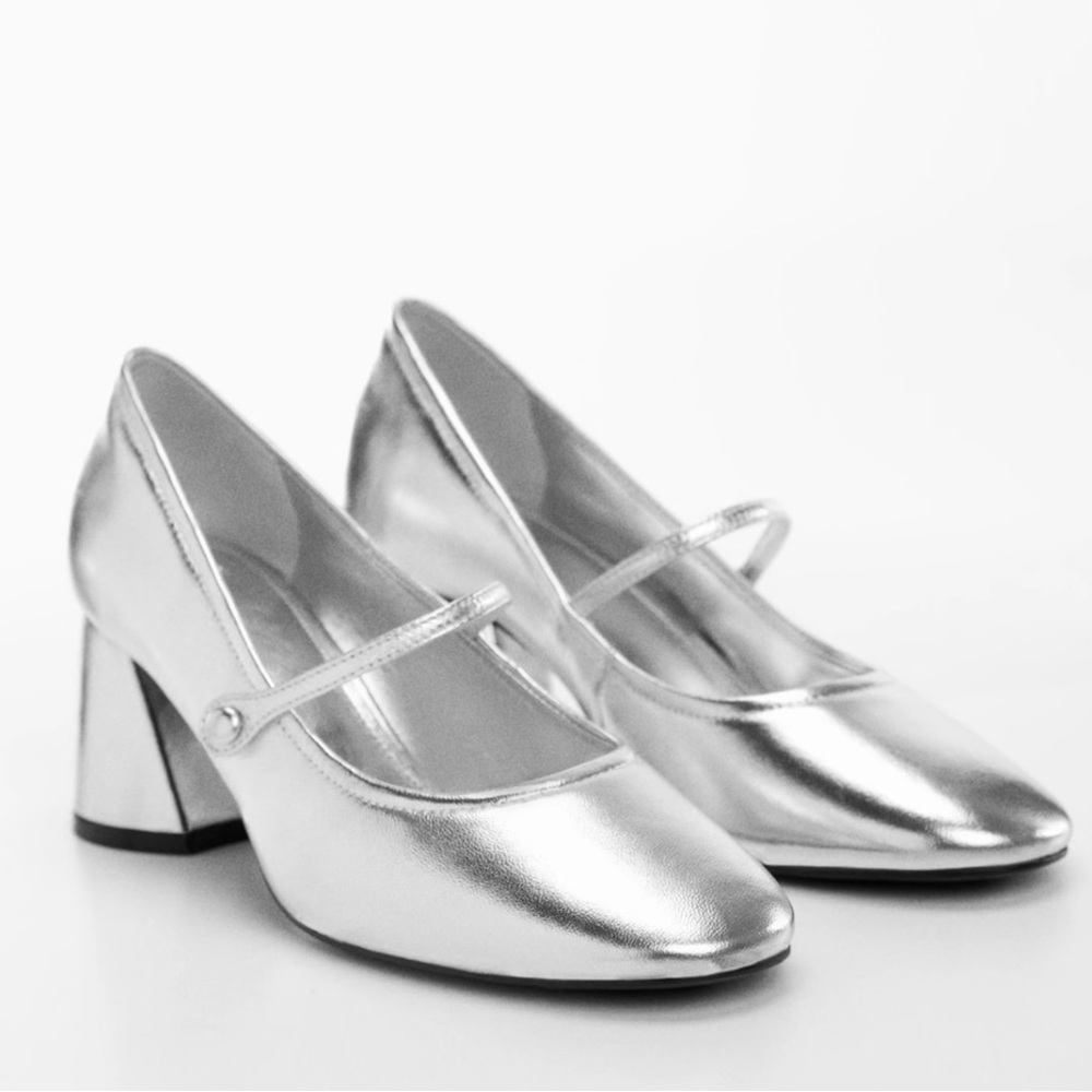 MANGO Silver Leather Mary Jane Heels